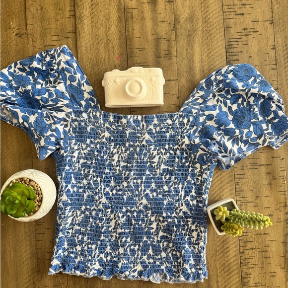 Japna Blue and White Puff Sleeve Smocked Blouse - Picture 2 of 8